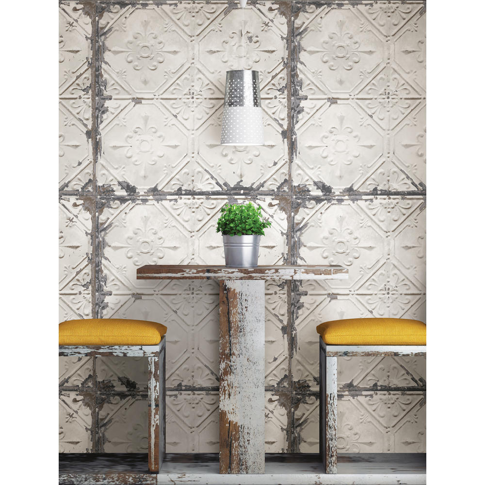 NuWallpaper Vintage Tin Tile OffWhite Metallic Peel and Stick Wallpaper
