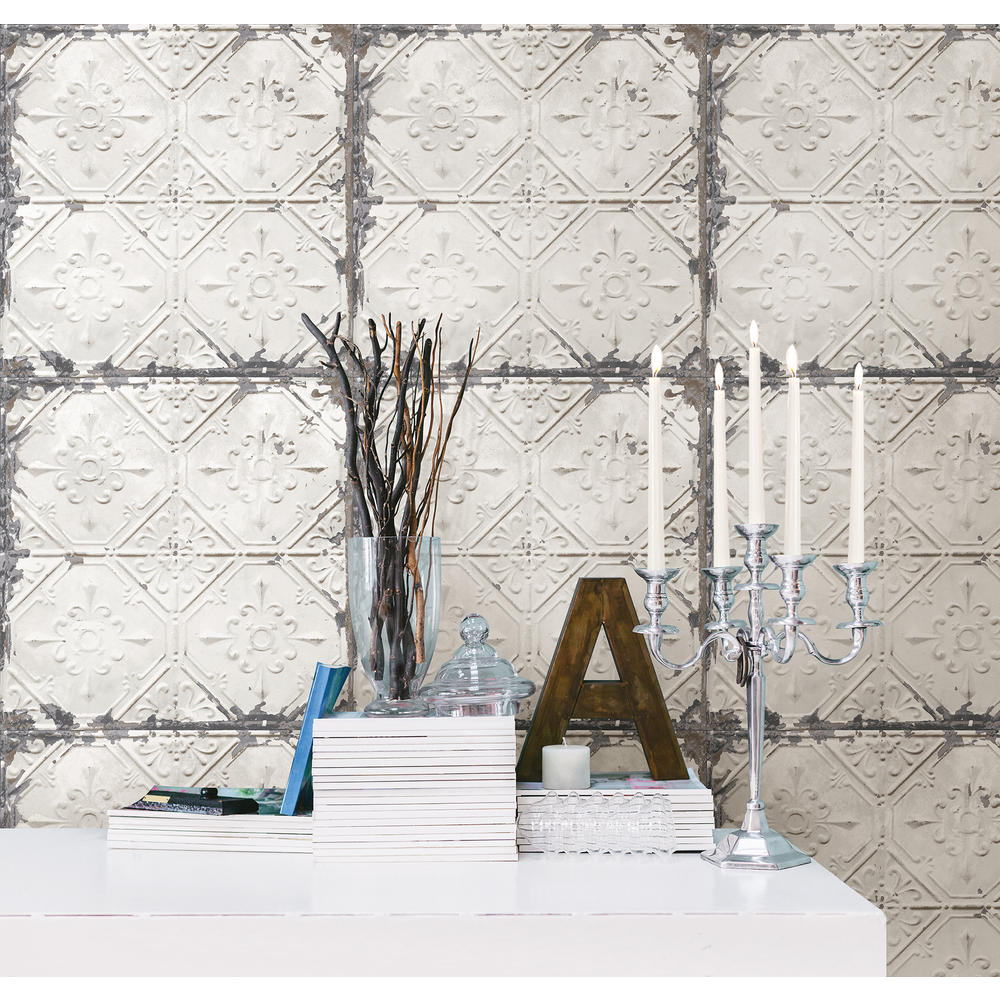 NuWallpaper Vintage Tin Tile OffWhite Metallic Peel and Stick Wallpaper