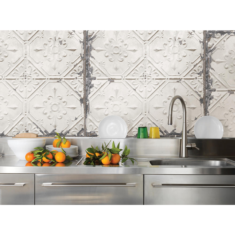 NuWallpaper Vintage Tin Tile OffWhite Metallic Peel and Stick Wallpaper