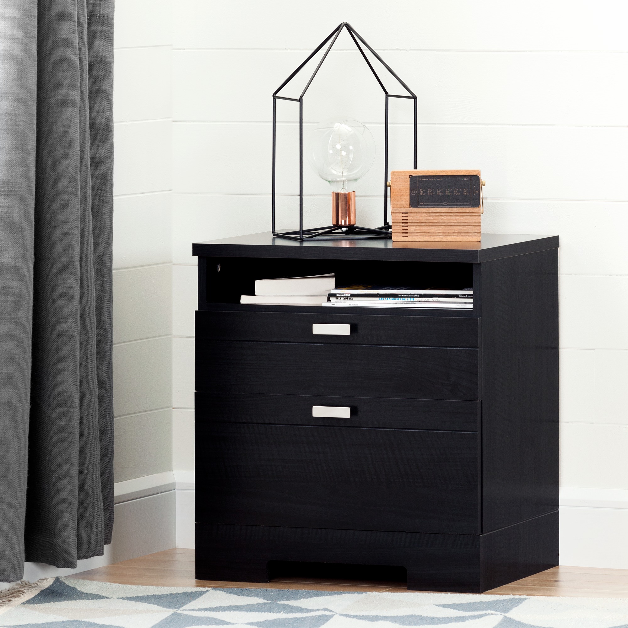 South Shore Reevo Nightstand with Drawers and Cord Catcher, Black Onyx