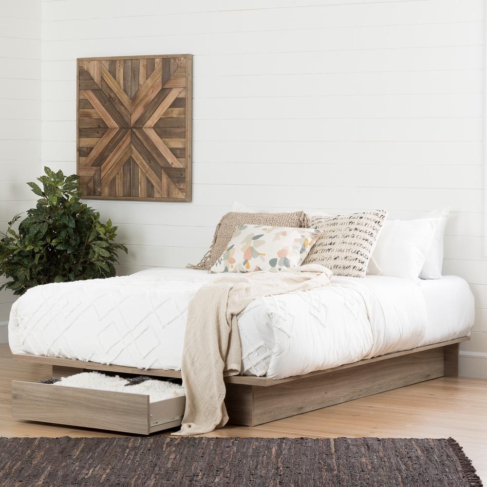 South Shore Primo Full/Queen Platform Bed (54/60'') with drawer, Rustic Oak