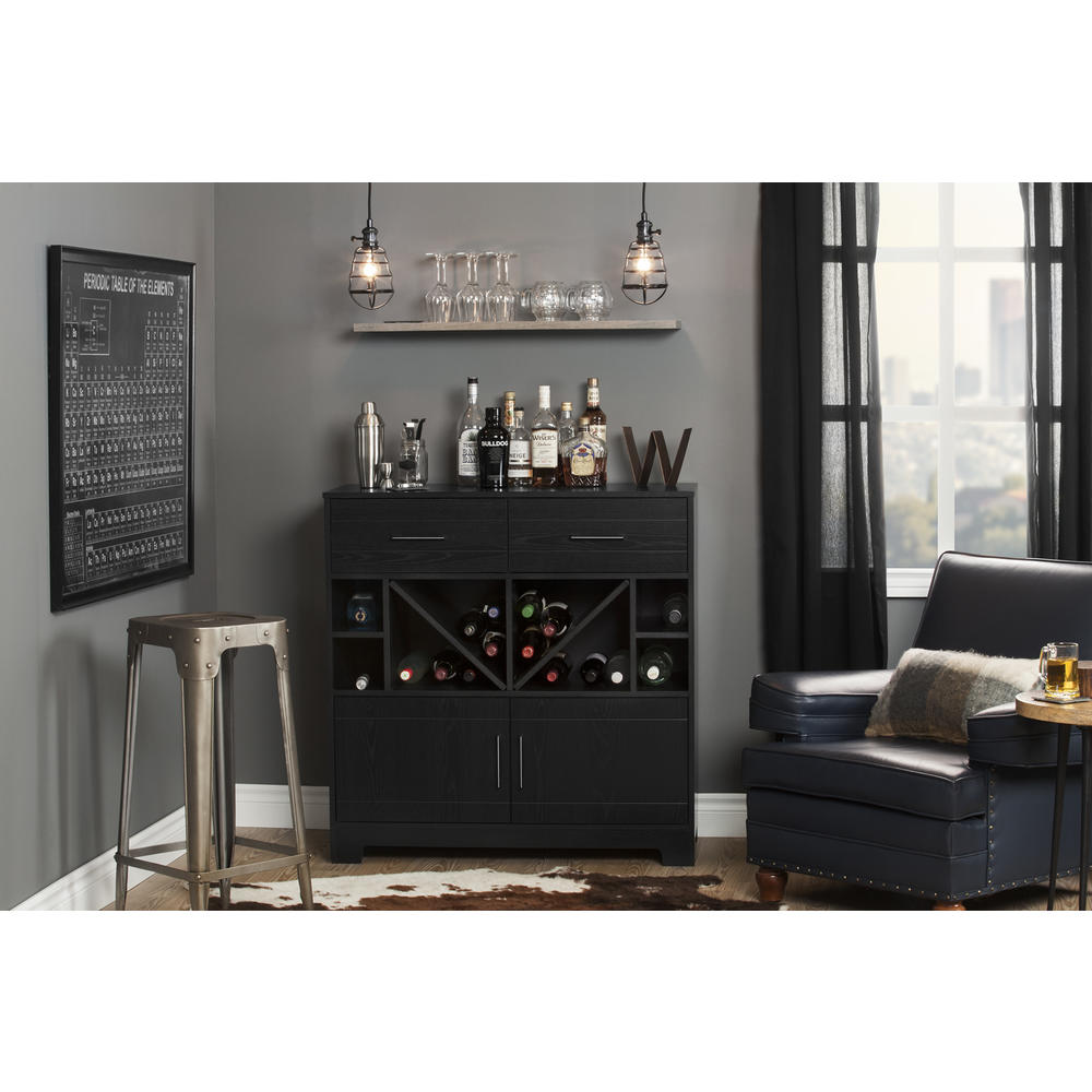 South Shore Vietti Bar Cabinet with Bottle Storage and Drawers, Black Oak