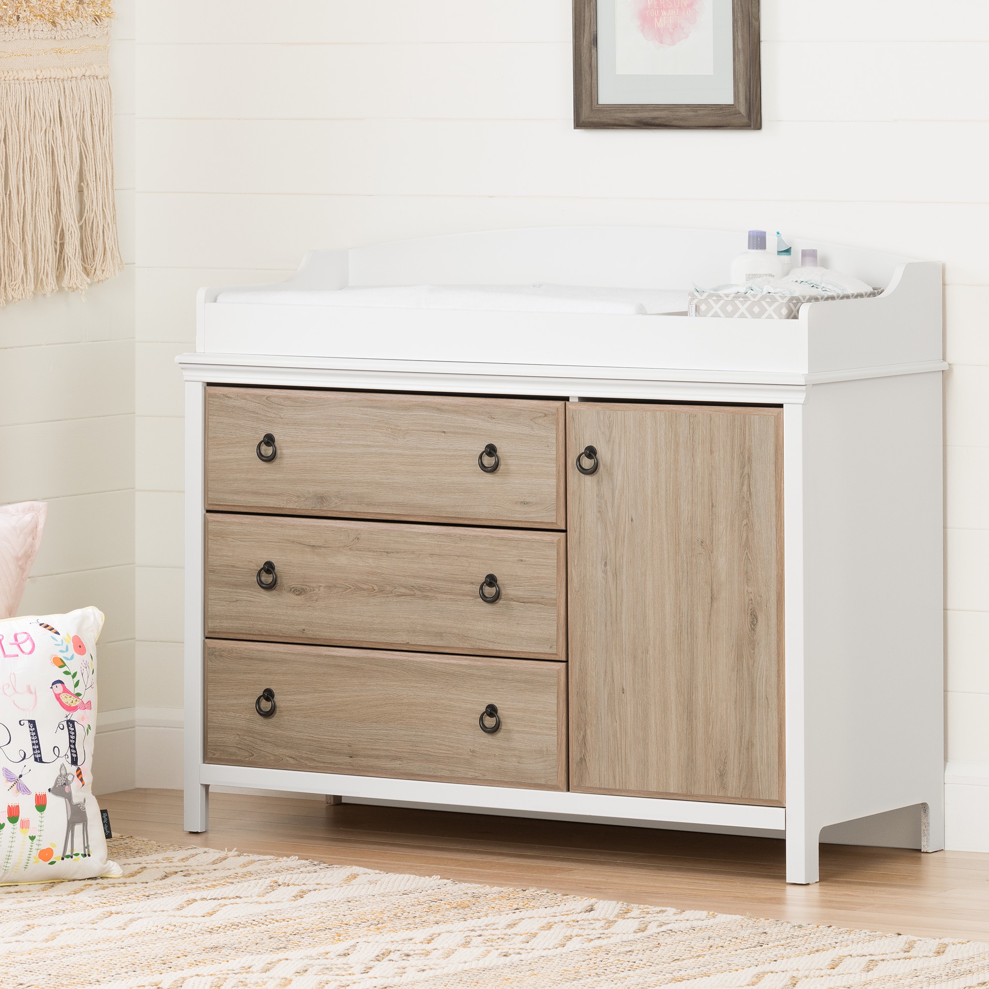 South Shore Catimini Changing Table with Removable Changing Station- Pure White and Rustic Oak