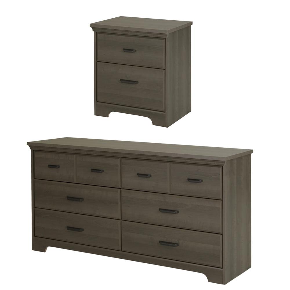 South Shore Versa 6-Drawer Double Dresser and Nightstand Set- Gray Maple