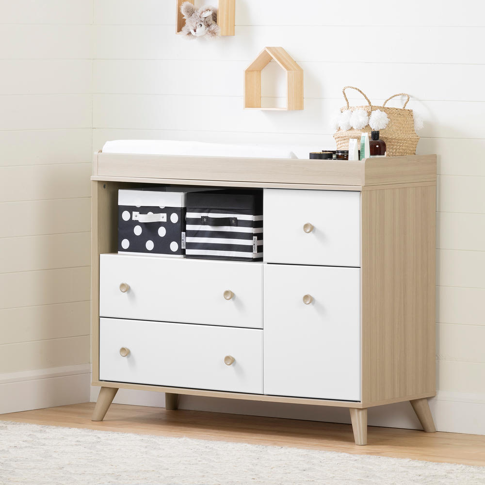 South Shore Yodi Changing Table with Drawers and Open Storage- Soft Elm and Pure White