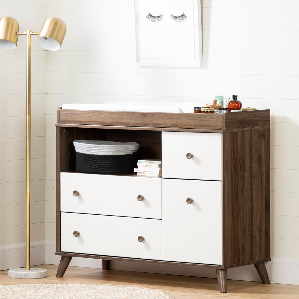 South Shore Yodi Changing Table with Drawers and Open Storage- Natural Walnut and Pure White