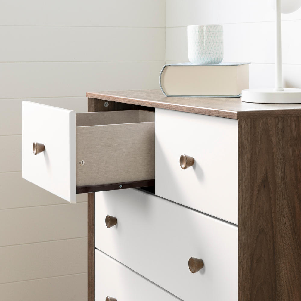 South Shore Yodi 5-Drawer Chest Storage Unit- Natural Walnut and Pure White
