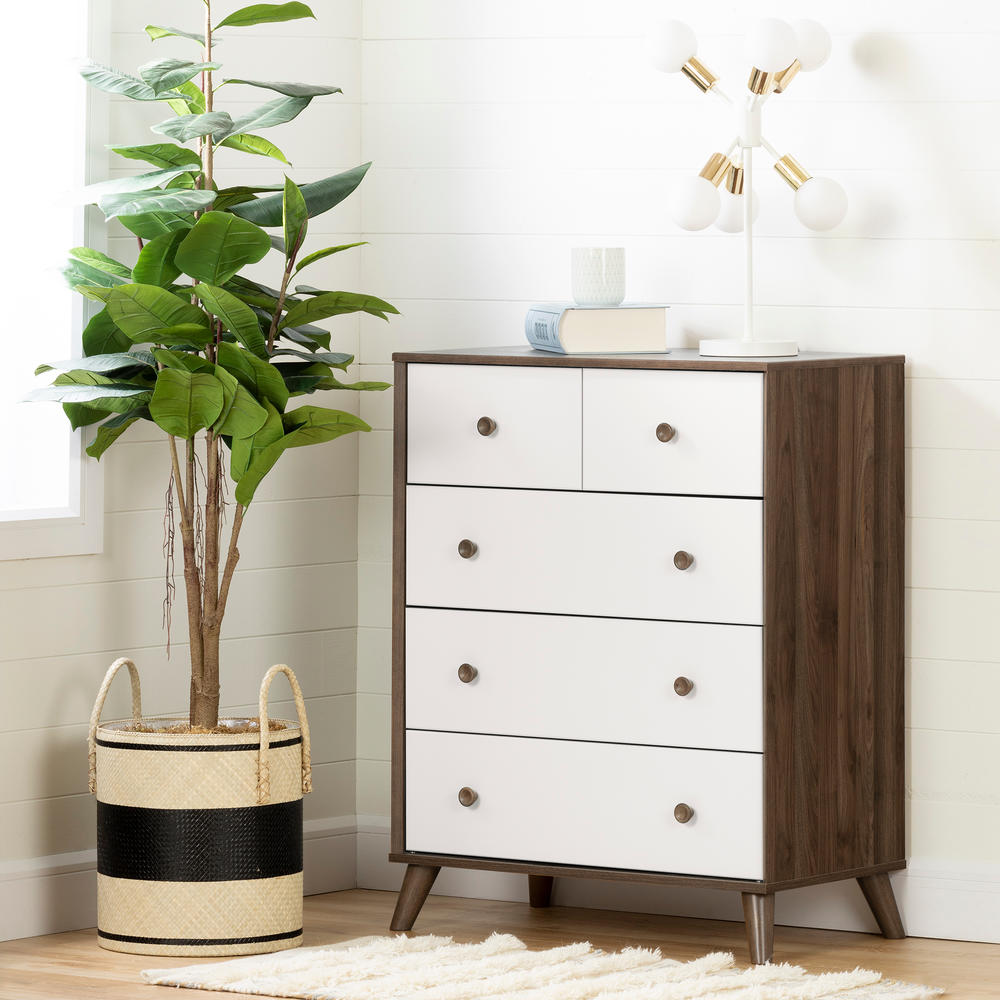 South Shore Yodi 5-Drawer Chest Storage Unit- Natural Walnut and Pure White