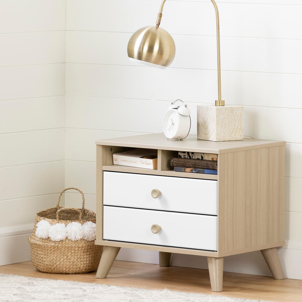 South Shore Yodi 2-Drawer Nightstand with Open Storage- Soft Elm and Pure White