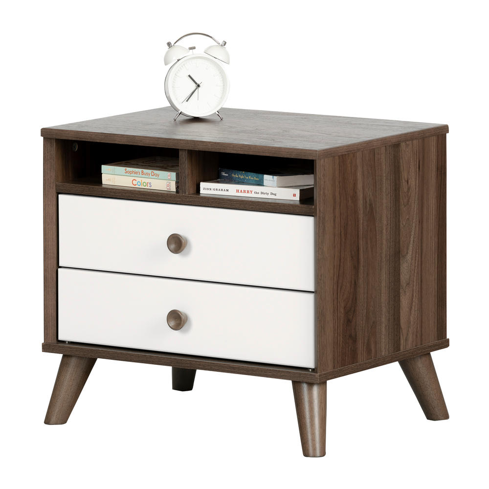 South Shore Yodi 2-Drawer Nightstand with Open Storage- Natural Walnut and Pure White