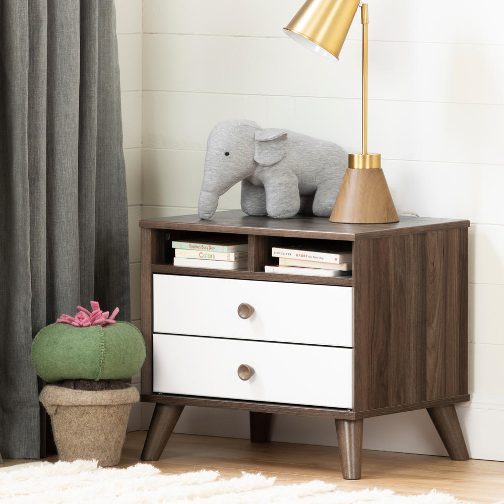 South Shore Yodi 2-Drawer Nightstand with Open Storage- Natural Walnut and Pure White