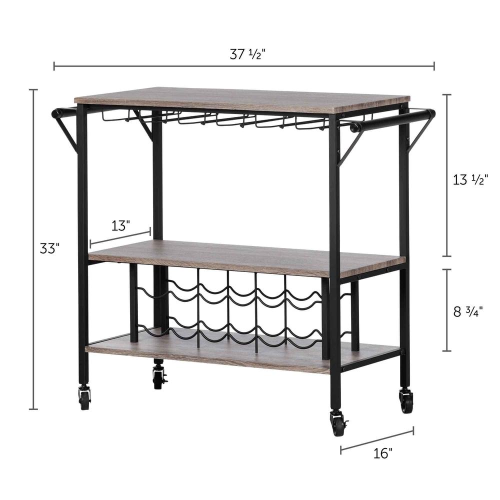 South Shore Munich Bar Cart with Wine Bottle Storage and Wine Glass Rack- Weathered Oak and Matte Black