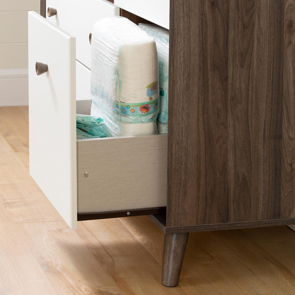 South Shore Yodi Changing Table with Drawers and Open Storage- Natural Walnut and Pure White