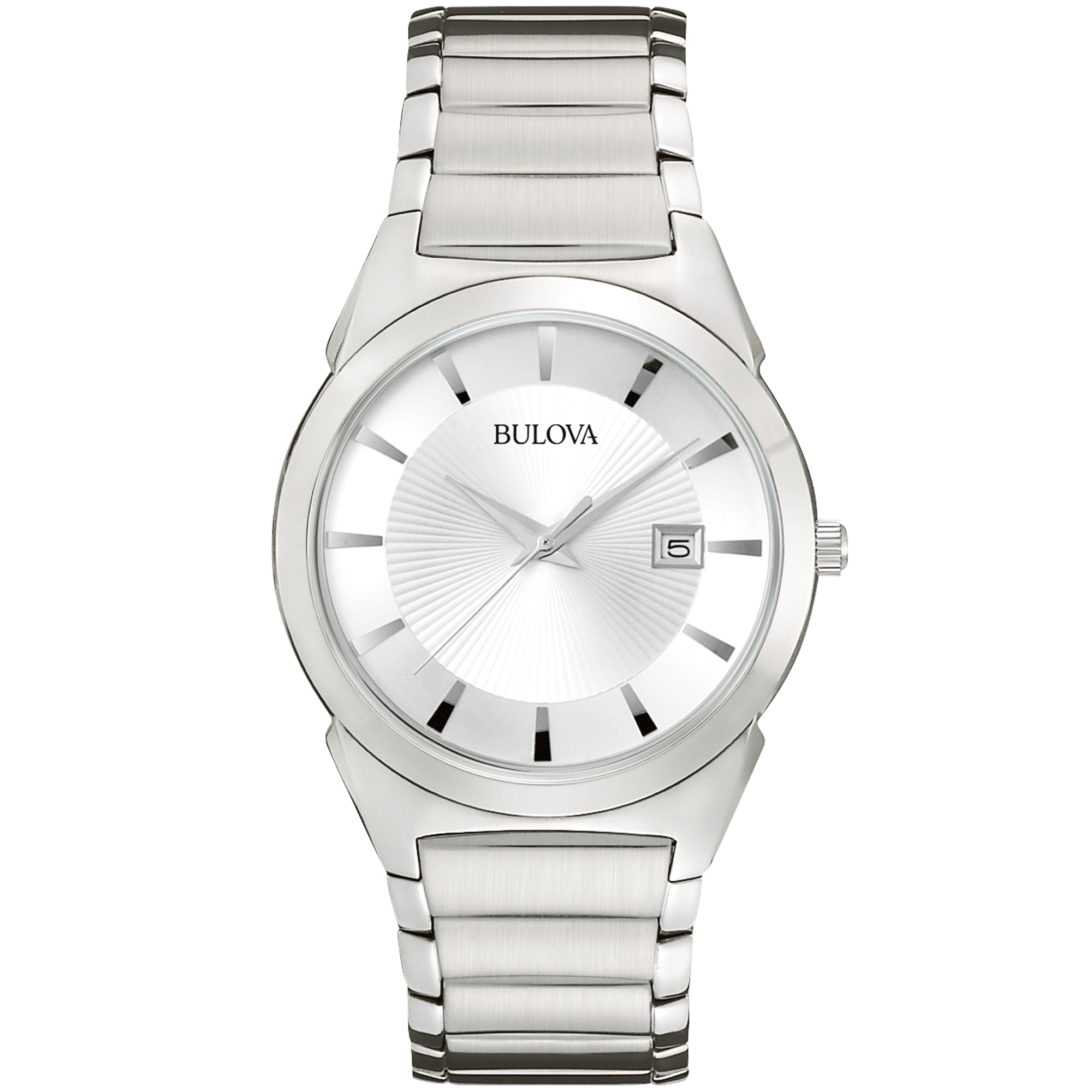 Bulova Mens Calendar Date Watch w/Silver Round Dial, Domed Crystal & ST Link Band