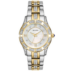 Bulova 98L135 Two Tone Stainless Steel Case & Bracelet Mother of Pearl Dial Crystals Ladies Watch