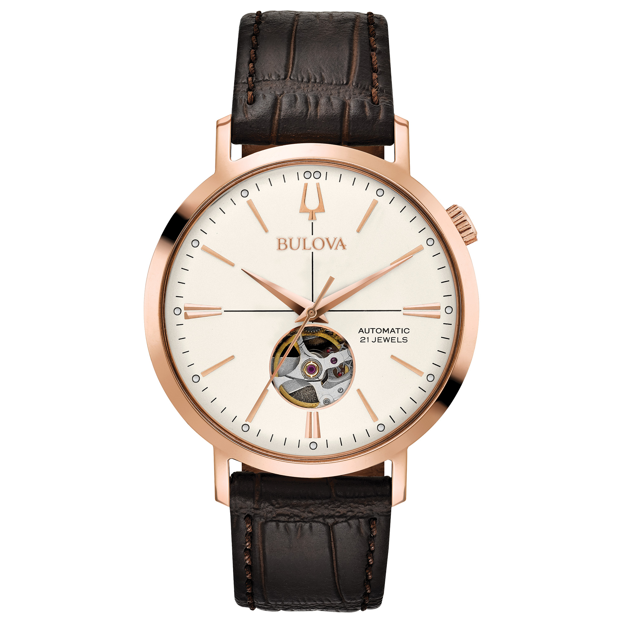 Bulova Men's Automatic Rose Gold Tone Dial and Brown Leather Strap Watch