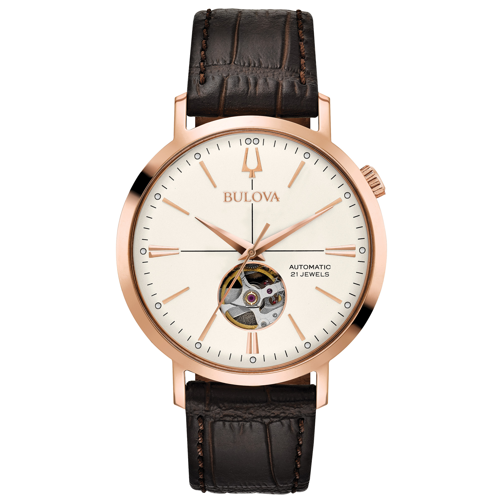 Bulova Men's Automatic Rose Gold Tone Dial and Brown Leather Strap