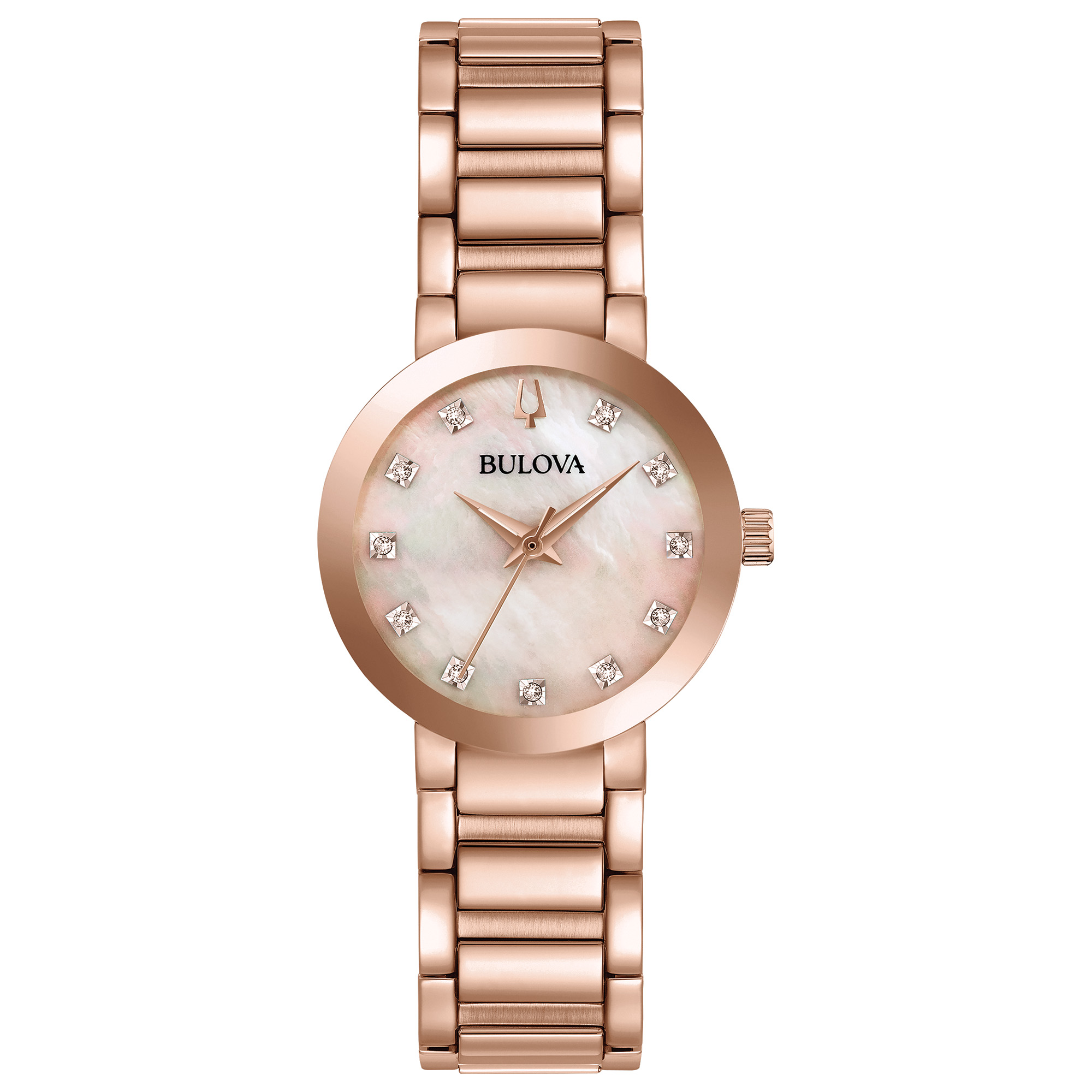 Bulova Ladies' Modern Rose Gold Tone Ion Plated 11 Diamonds on Rose Mother Of Pearl Dial Bracelet Watch