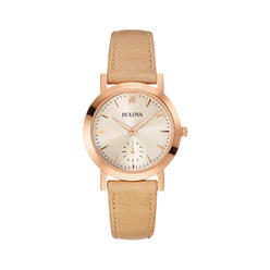 Bulova Classic Quartz Ladies Watch, Stainless Steel with Beige Leather Strap, Rose Gold-Tone (Model: 97L146)
