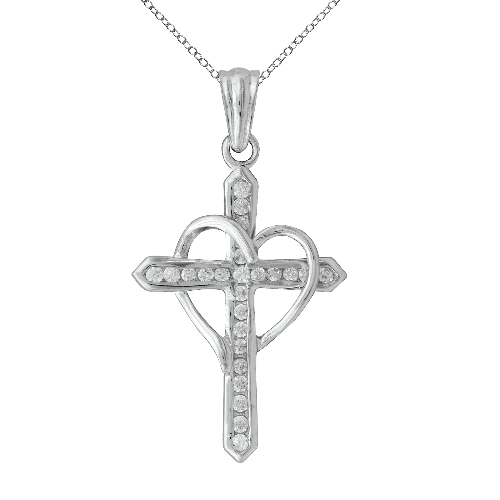 Sterling Silver Cubic Zirconia Cross With Heart Pendant