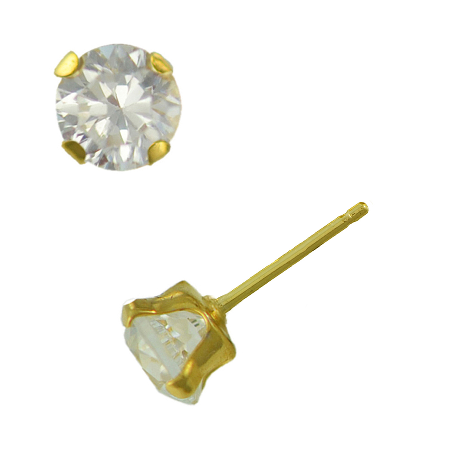14K Yellow Gold 6.5 MM Round White Cubic Zirconia Earrings