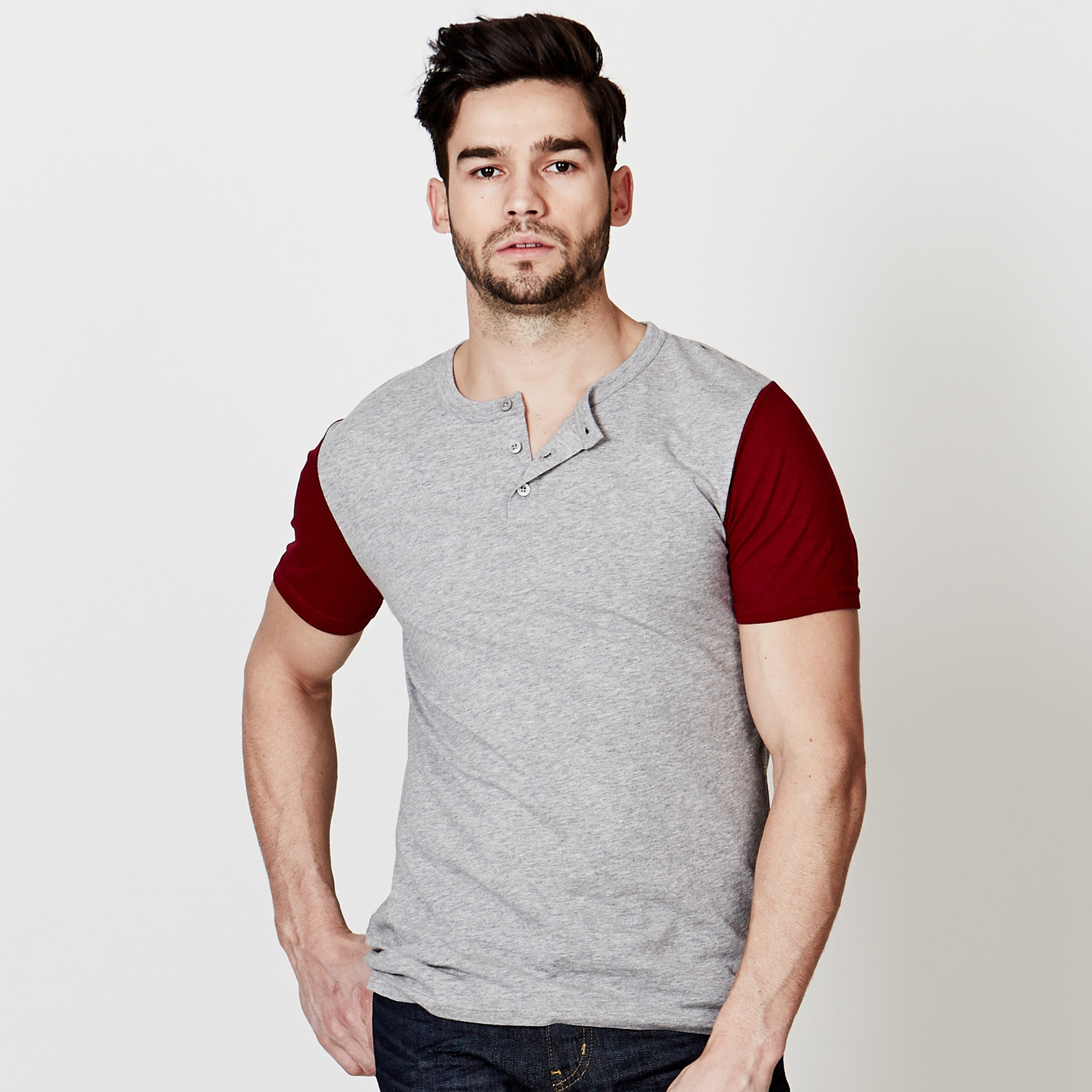 Adam Levine Basics Short Sleeve Henley Shirt &#8211; Heather Grey/Rhubarb