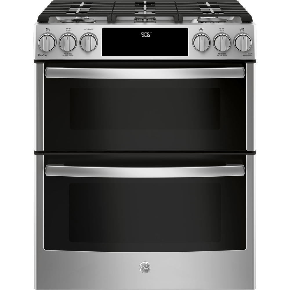 GE Profile Series PGS960SELSS 30" Slide-In Front Control Gas Double Oven Convection Range - Stainless Steel
