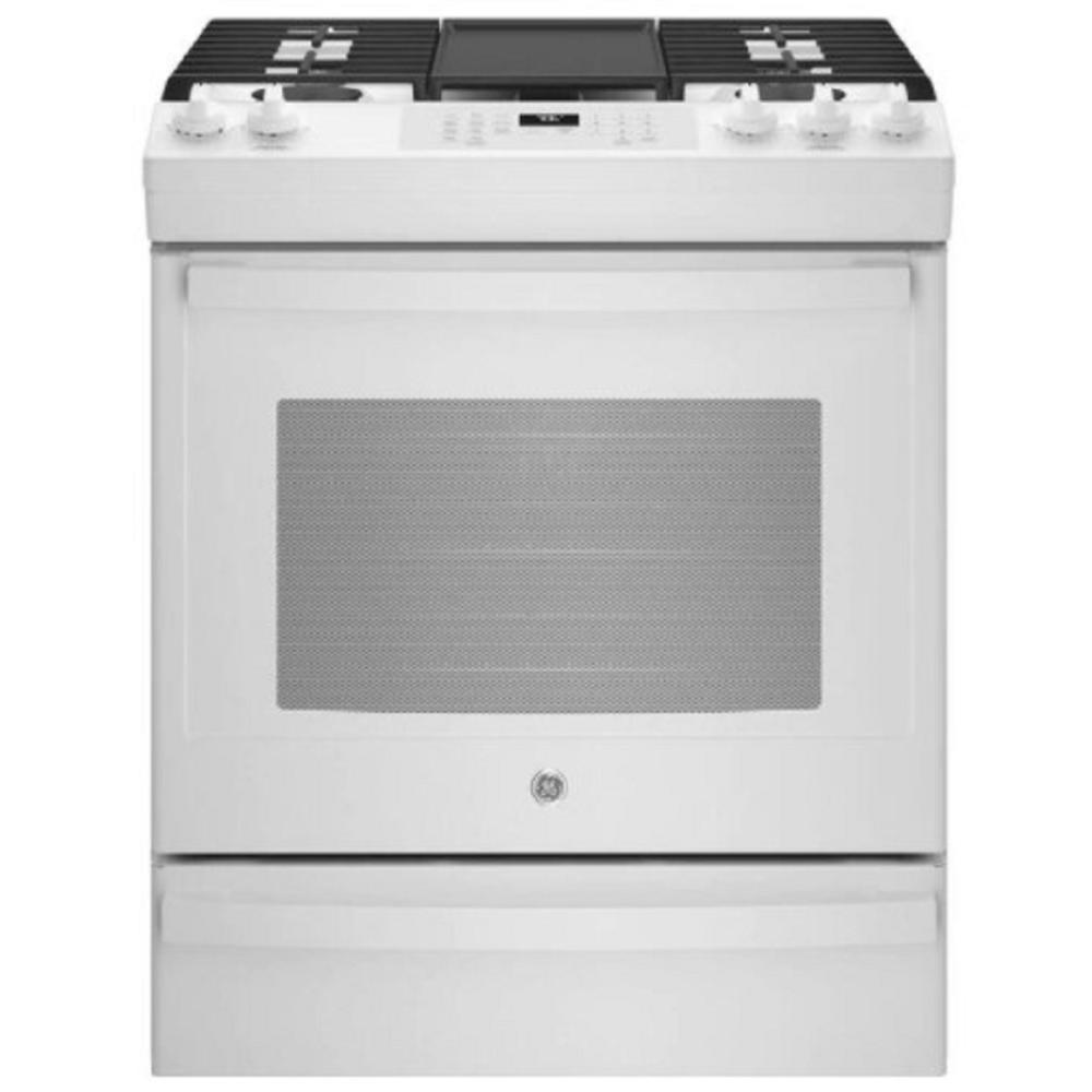 GE Appliances JGS760DPWW 30" 5.6 cu.ft. White Slide-In Gas Range with 5 Sealed Burners and Air Fryer