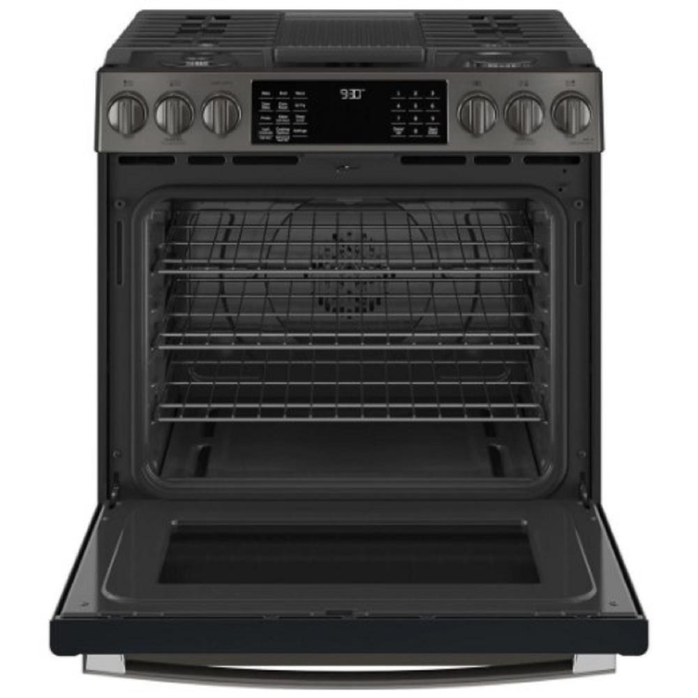 GE Appliances PGS930BPTS 30" 5.6 cu.ft. Black Stainless Steel Slide-In Gas Range with 5 Sealed Burners and Air Fryer
