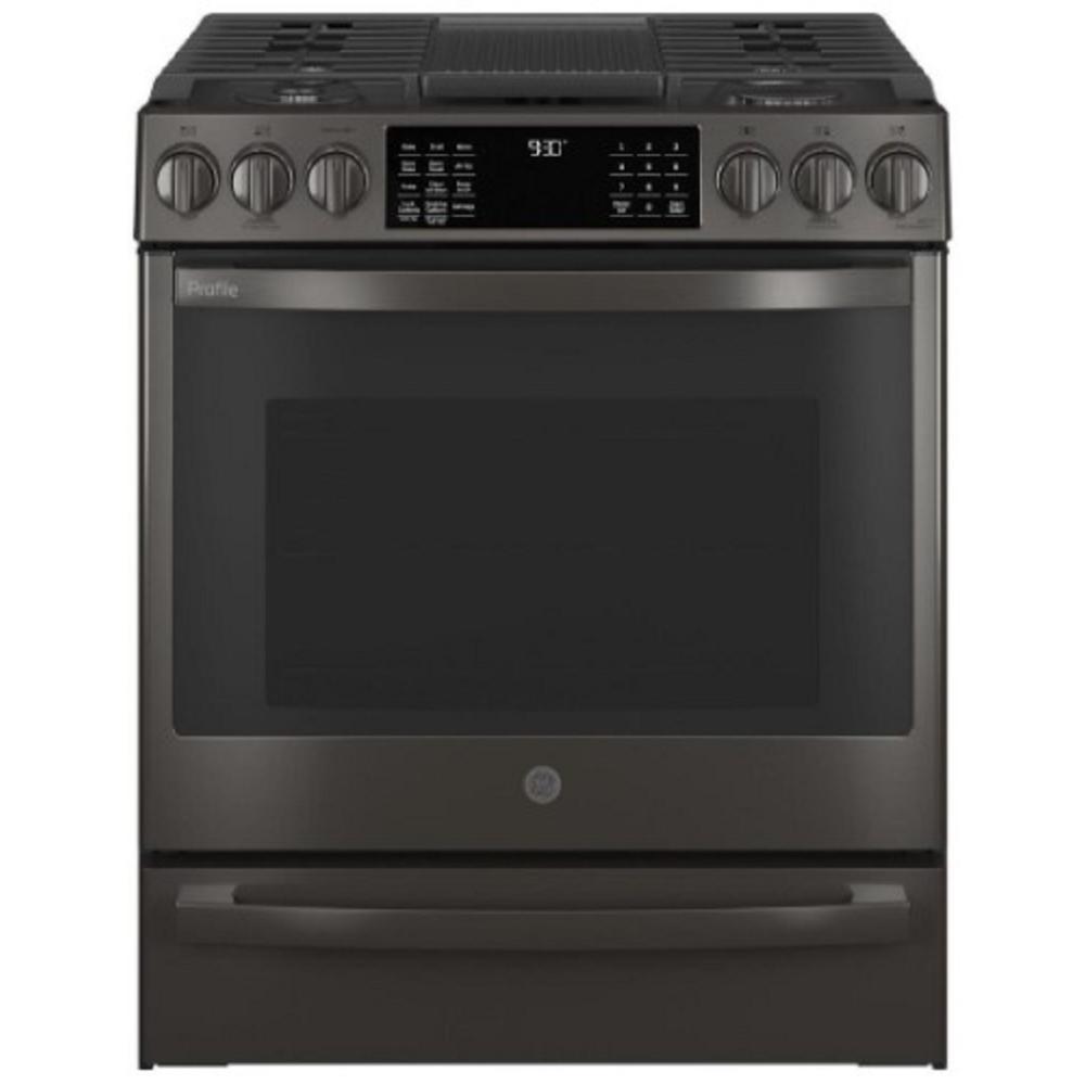 GE Appliances PGS930BPTS 30" 5.6 cu.ft. Black Stainless Steel Slide-In Gas Range with 5 Sealed Burners and Air Fryer