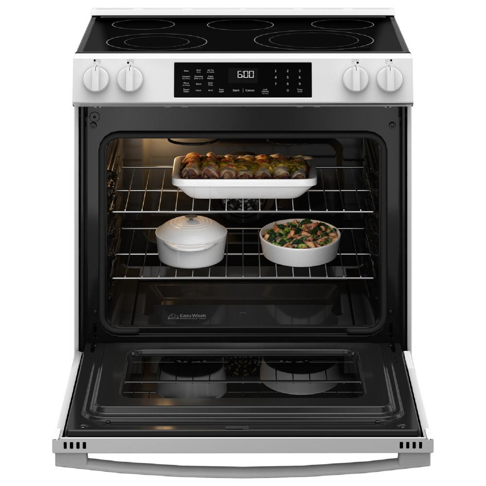 GE Appliances GRS600AVWW 30" Slide-In Electric Convection Range with No Preheat Air Fry and EasyWash&#8482; Oven Tray - White