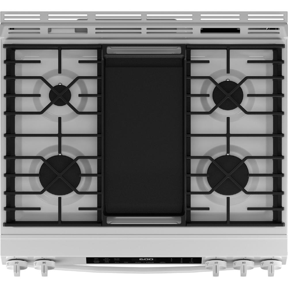 GE Appliances GGS600AVWW 30" Slide-In Front-Control Convection Gas Range with No Preheat Air Fry and EasyWash&#8482; Oven Tray - White
