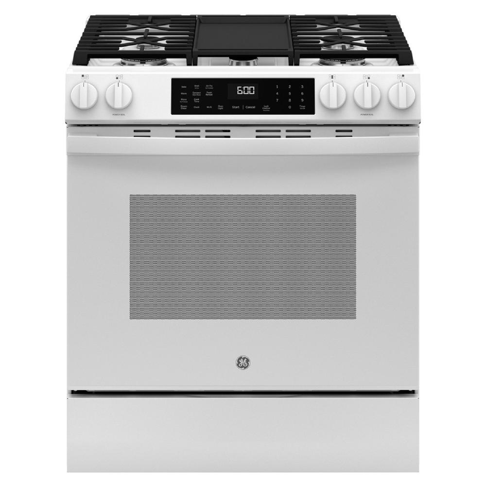 GE Appliances GGS600AVWW 30" Slide-In Front-Control Convection Gas Range with No Preheat Air Fry and EasyWash™ Oven Tray - White