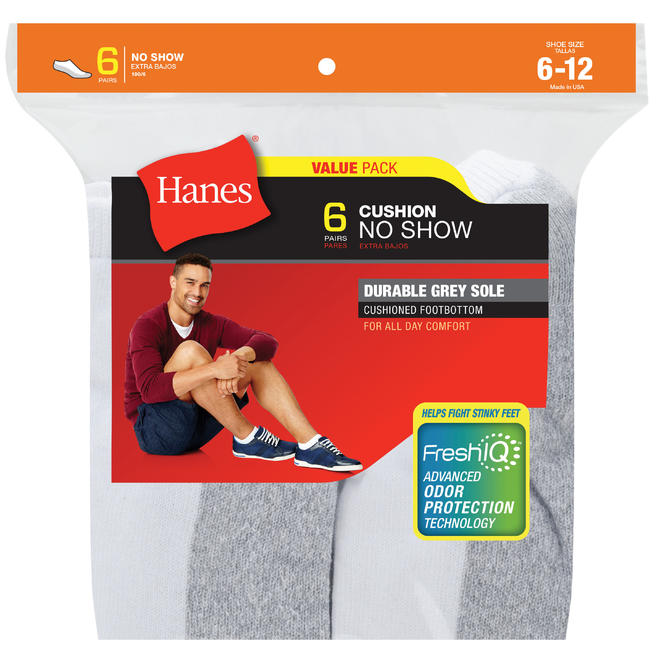 Hanes Socks, Cushion No Show, Men's, 6 pairs