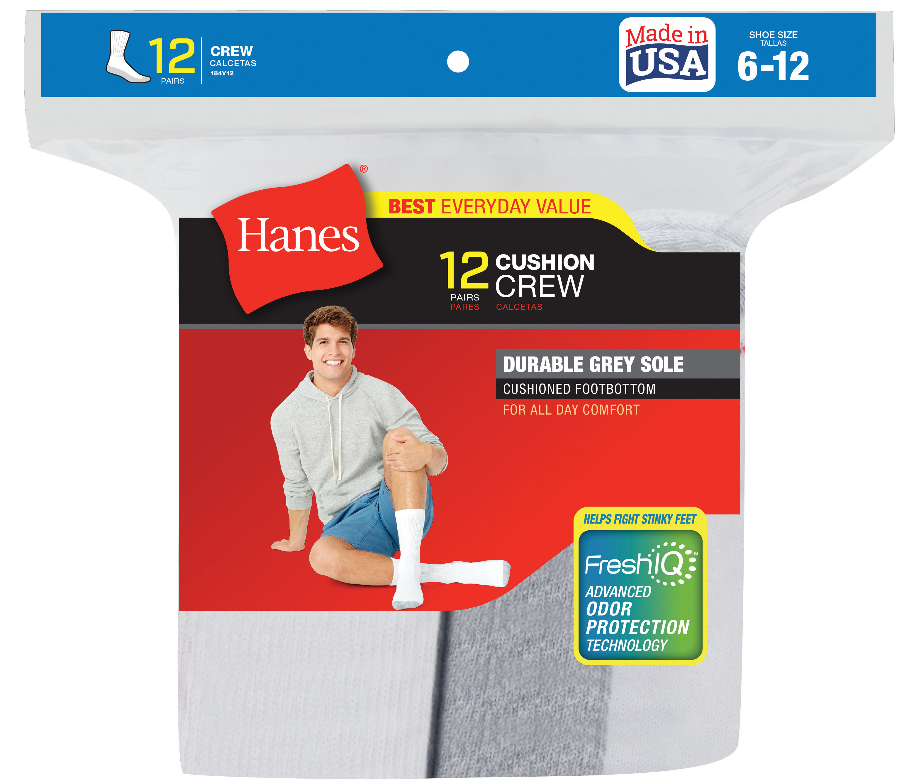 Hanes Men's 12-Pairs Cushion Crew Socks, Size: One size, Grey Hanes Men's 12-Pairs Cushion Crew Socks, Size: One size, Grey