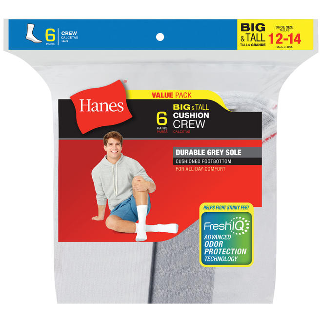 Hanes Men's Sport Crew Sock White 6 Pair pk Size 1315