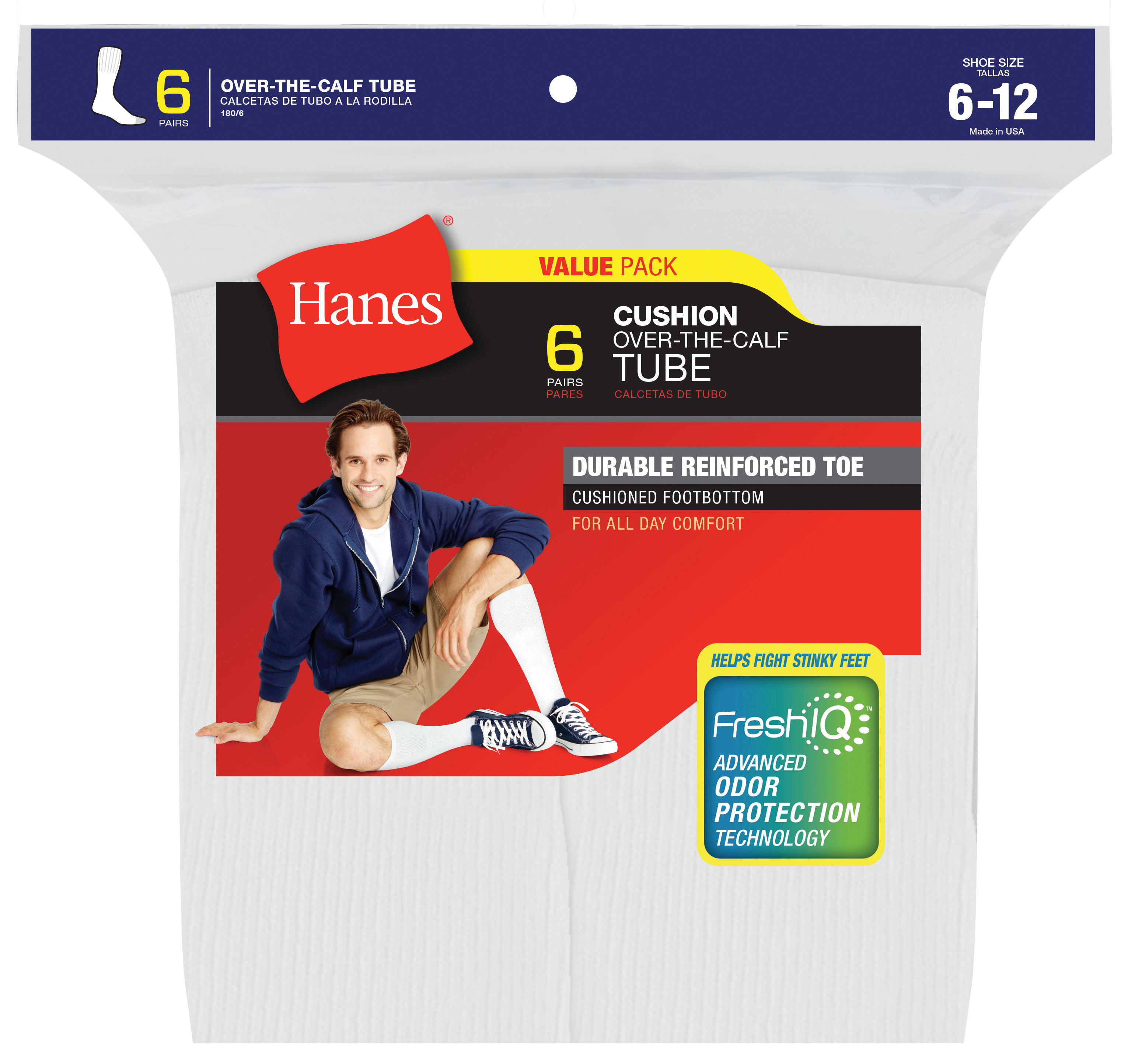 Hanes Men's Over The Calf Tube Sock 6 Pair Pack