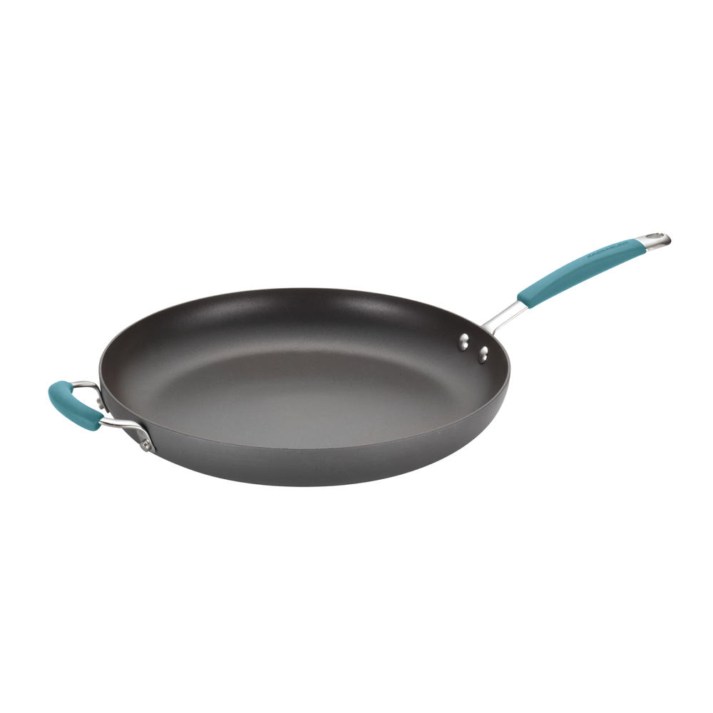 Rachael Ray Cucina Hard-Anodized Nonstick 14-Inch Skillet with Helper Handle  Gray with Agave Blue Handles