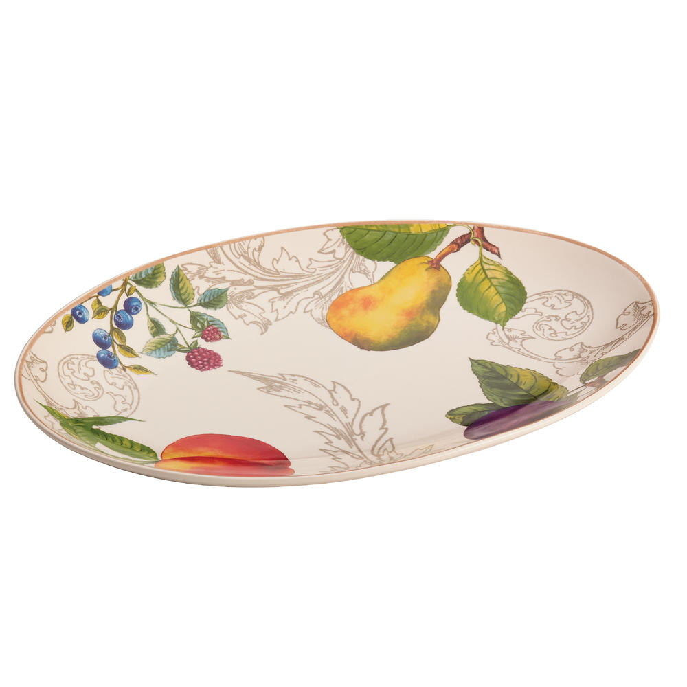 Bonjour Dinnerware Orchard Harvest Stoneware 8-3/4-Inch by 13-Inch Oval Platter, Print