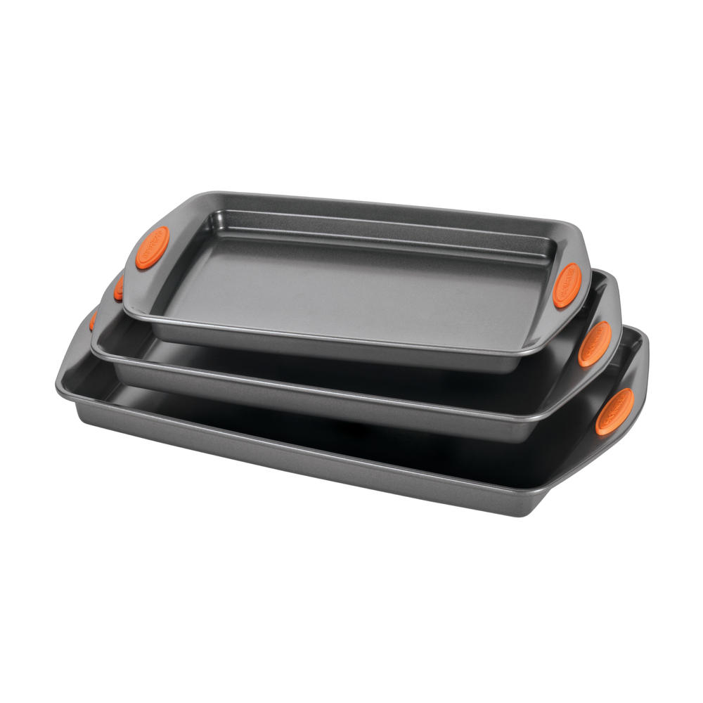 Rachael Ray Yum-o! Nonstick Bakeware 3-Piece Oven Lovin&#8217; Cookie Pan Set, Gray with Orange Silicone Grips