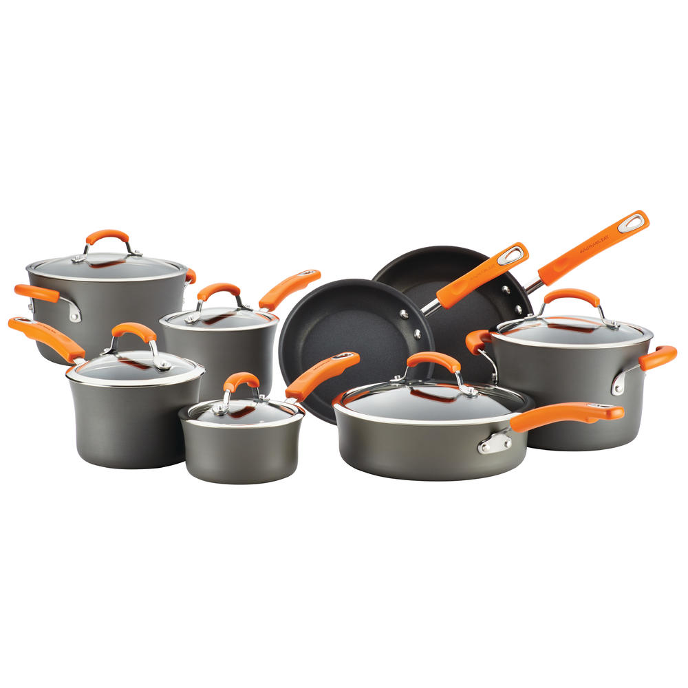 Rachael Ray Hard-Anodized Nonstick 14-Piece Cookware Set, Gray with Orange Handles
