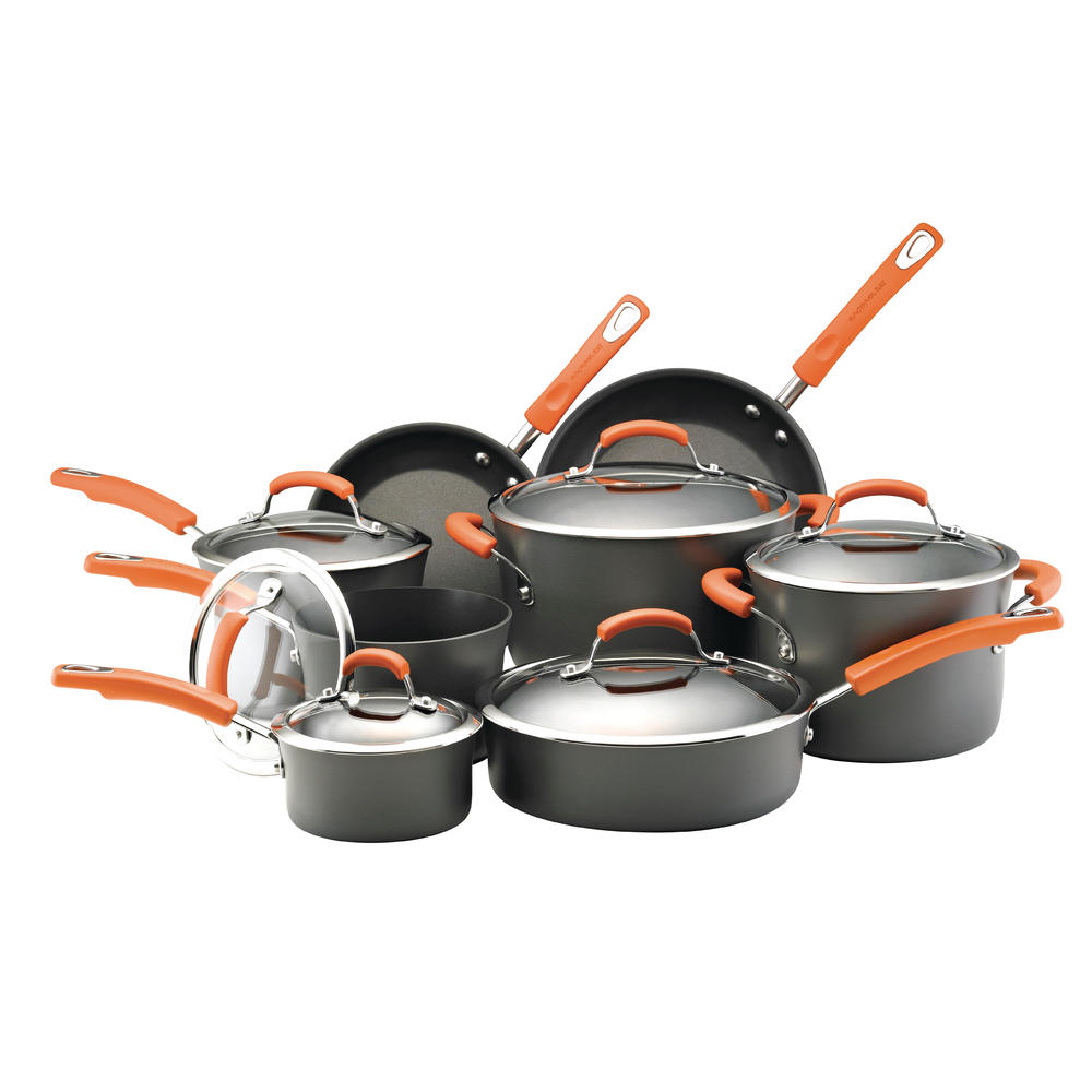 Rachael Ray Hard-Anodized Nonstick 14-Piece Cookware Set, Gray with Orange Handles