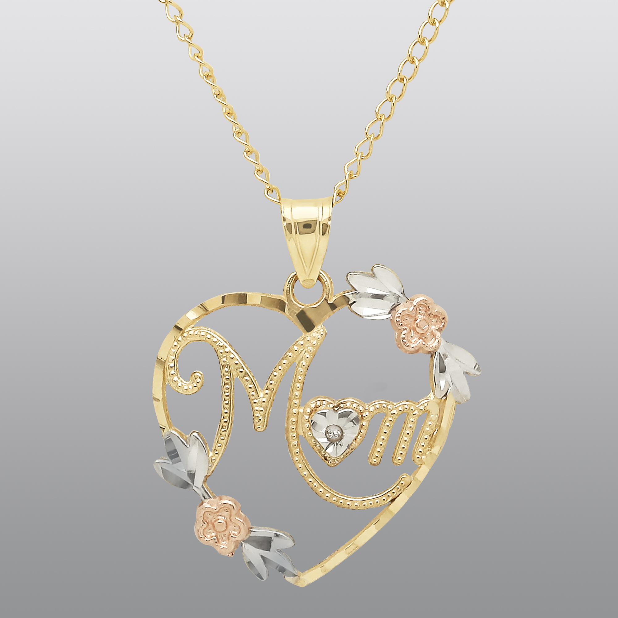 10K Tricolor Diamond Accent Mom Heart Pendant on 18 Inch Gold Filled Chain, White 10K Tricolor Diamond Accent Mom Heart Pendant on 18 Inch Gold Filled Chain, White