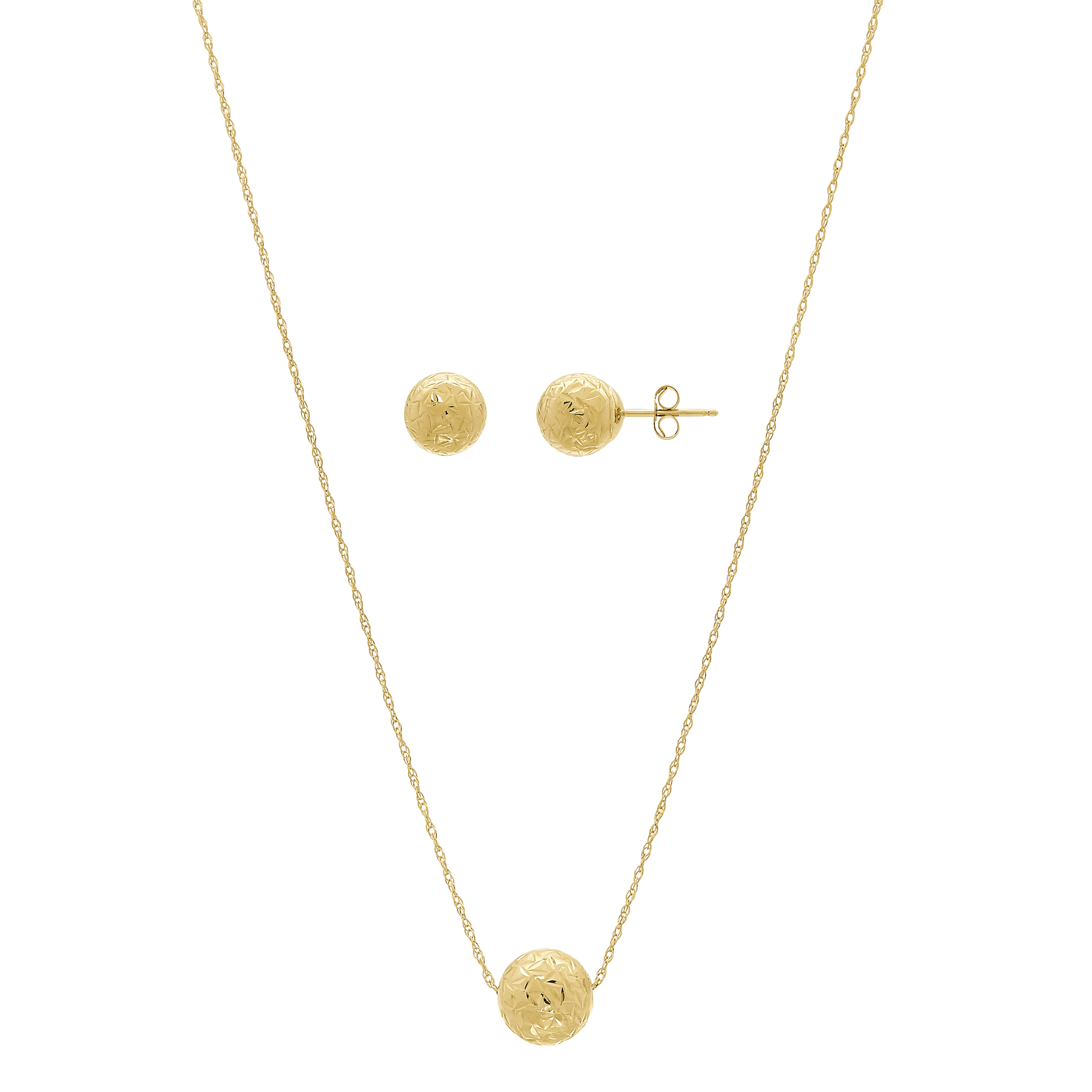 10KT Gold 7MM Crystal Cut Ball Stud and 8MM Ball Pendant and Earring Set
