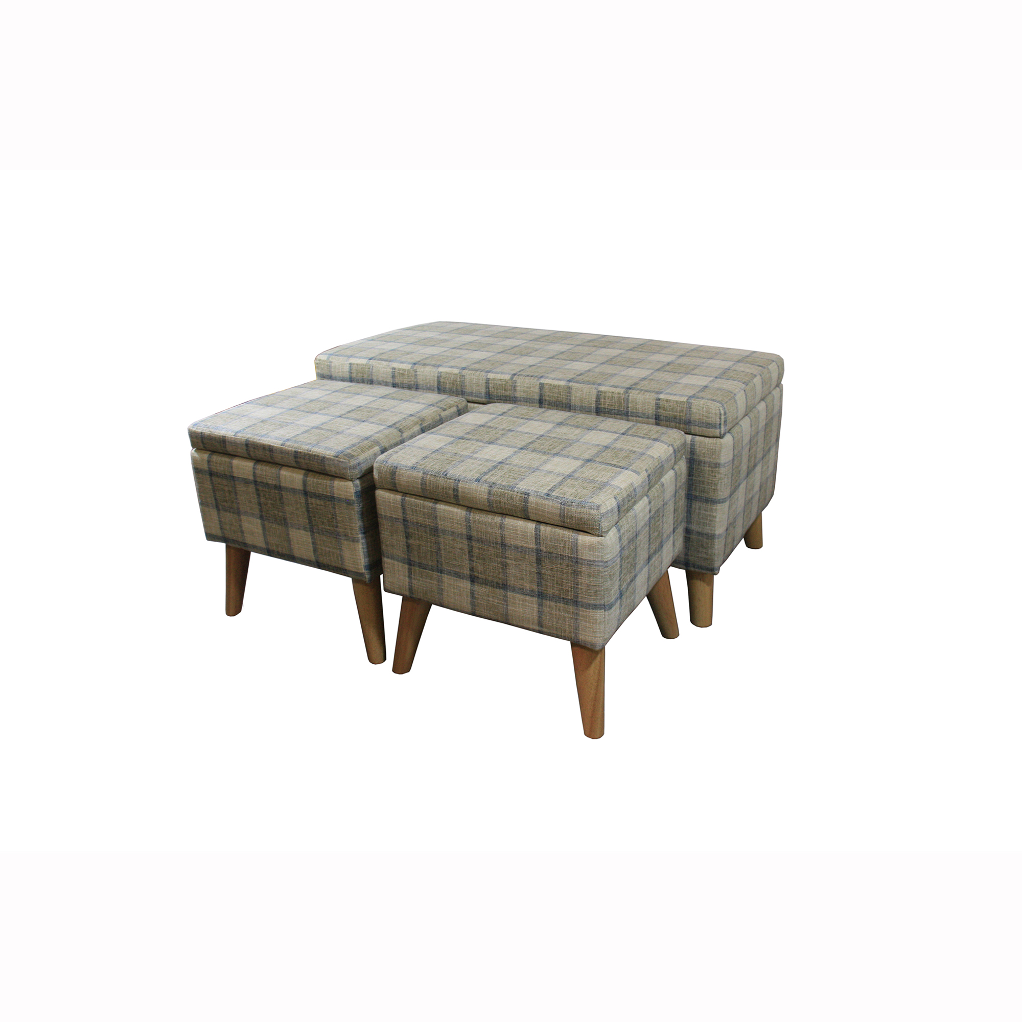 Ore International 18" grey plaid storage bench + 2 storage ottoman seating