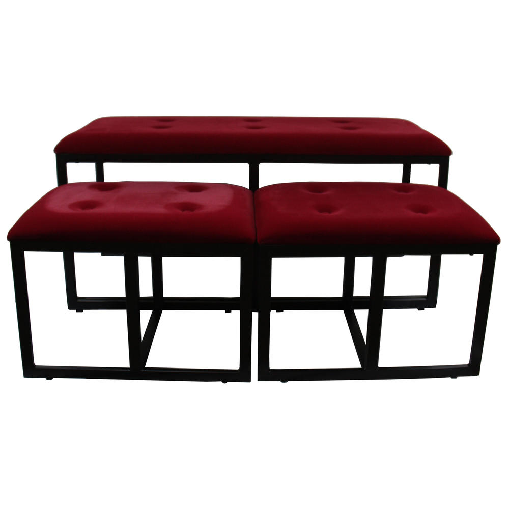 Ore International 20.5 Inch Red Suede Tufted Metal Bench With Two Seatings