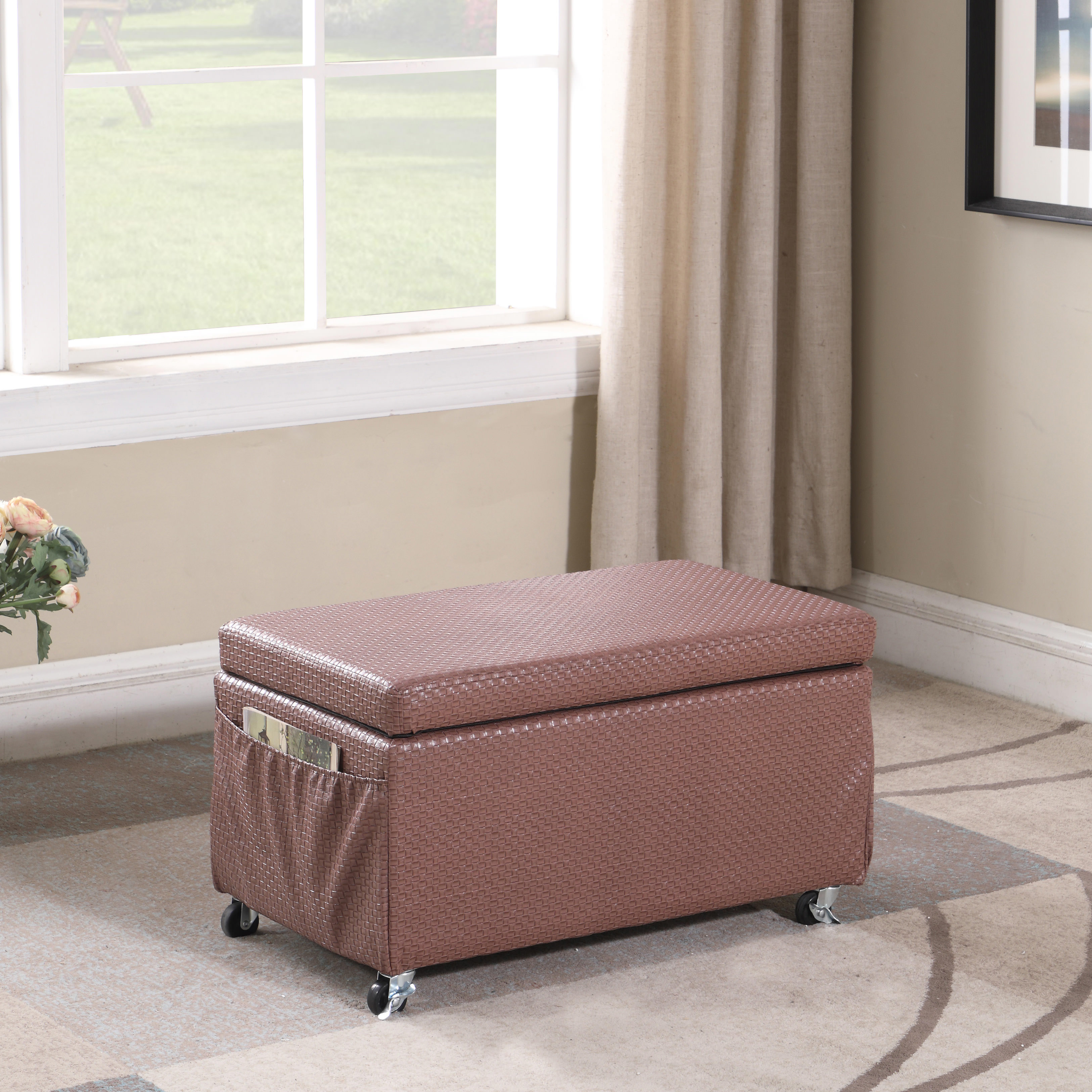 Ore International 17" in Auburn Brown Basketweave Leatherette Storage Bench seat w/Side Pockets and Industrial Caster Wheels