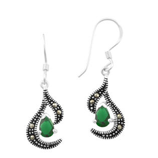 Sterling Silver Marcasite and Emerald Swirl Earrings