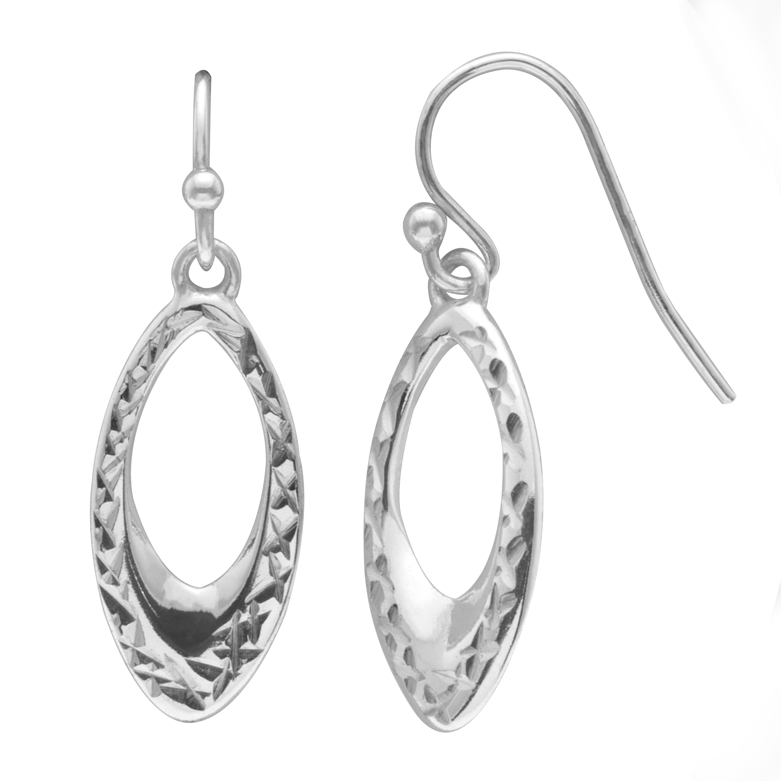 Sterling Silver Oval Diamond Cut Drop Earrings