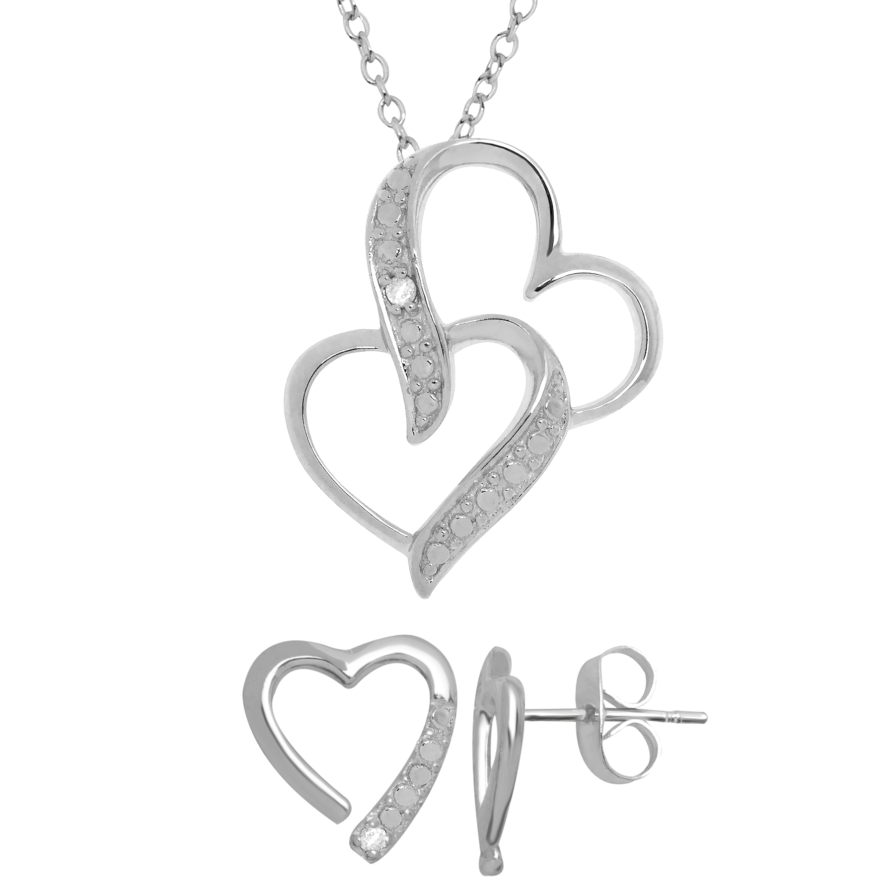 Fine Silver Plated Diamond Accent Heart Set Fine Silver Plated Diamond Accent Heart Set